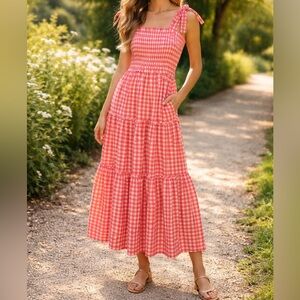Tuckernuck Pomander Place Gingham Checkered Tiered Dress Medium Pink